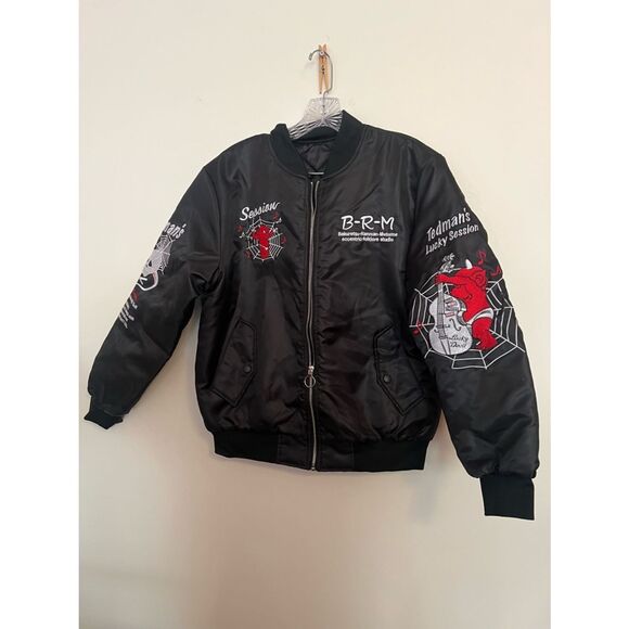 Other - B-R-M Black Satin Bomber Jacket with Red Embroidered Graphics